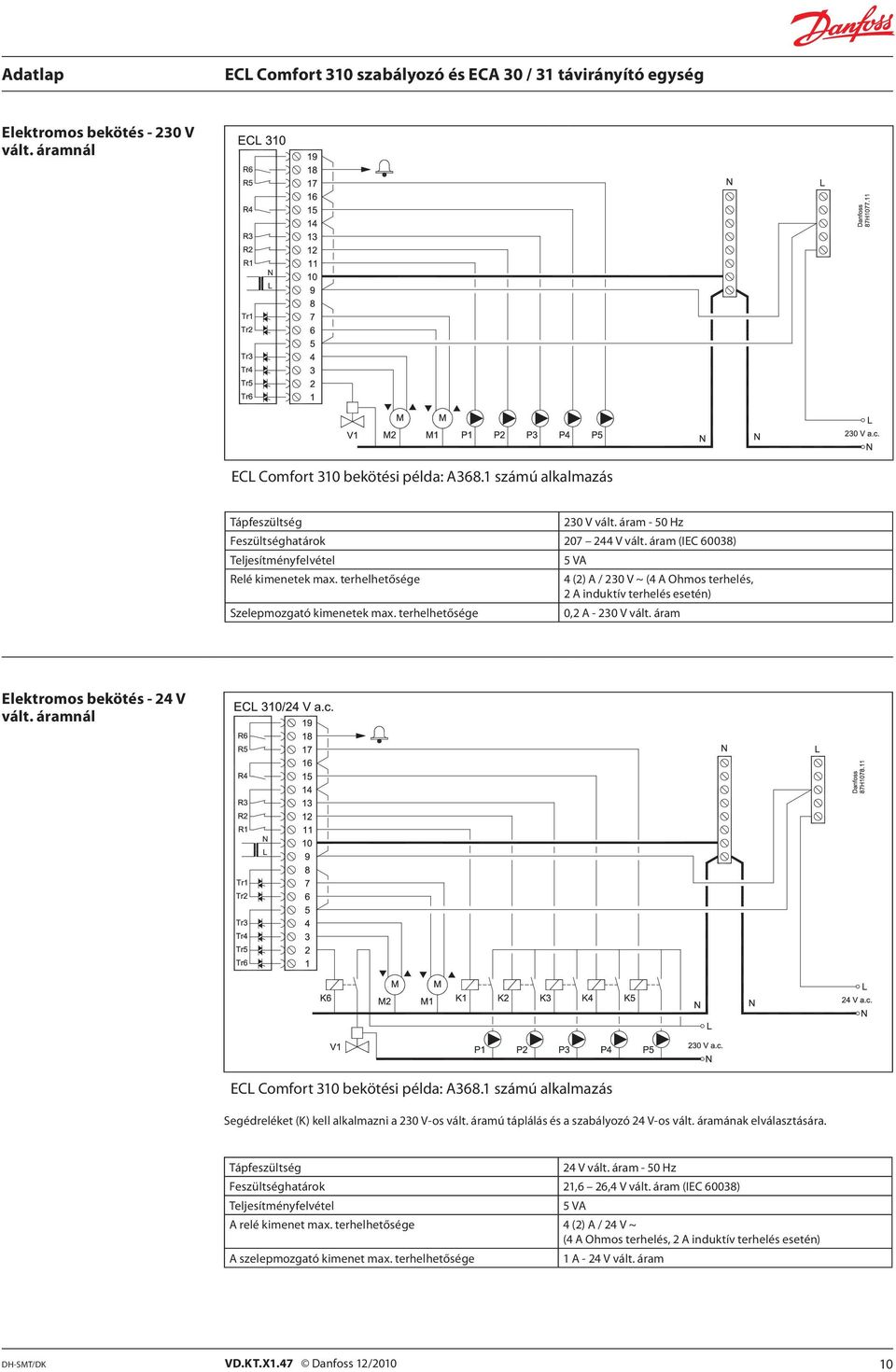 terhelhetősége 0,2 A - 230 V vált. áram Elektromos bekötés - 24 V vált. áramnál ECL Comfort 310 bekötési példa: A368.1 számú alkalmazás Segédreléket (K) kell alkalmazni a 230 V-os vált.