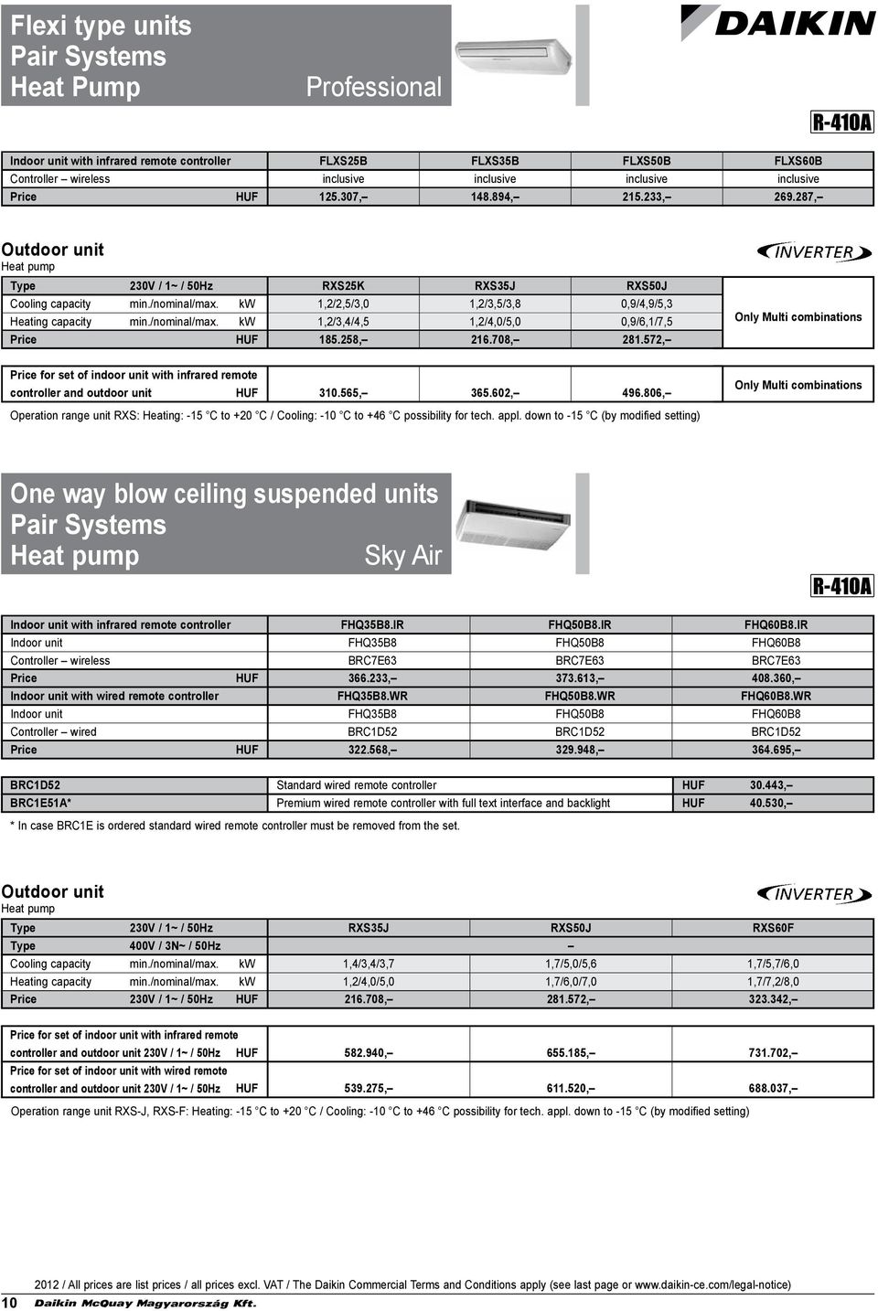 258, 216.708, 281.572, Only Multi combinations controller and outdoor unit HUF 310.565, 365.602, 496.