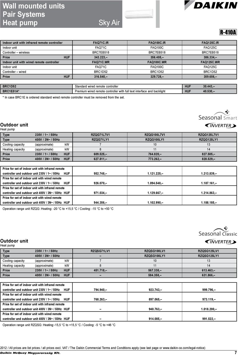 WR Indoor unit FAQ71C FAQ100C FAQ125C Controller wired BRC1D52 BRC1D52 BRC1D52 Price HUF 316.545, 329.728, 359.656, BRC1D52 Standard wired remote controller HUF 30.
