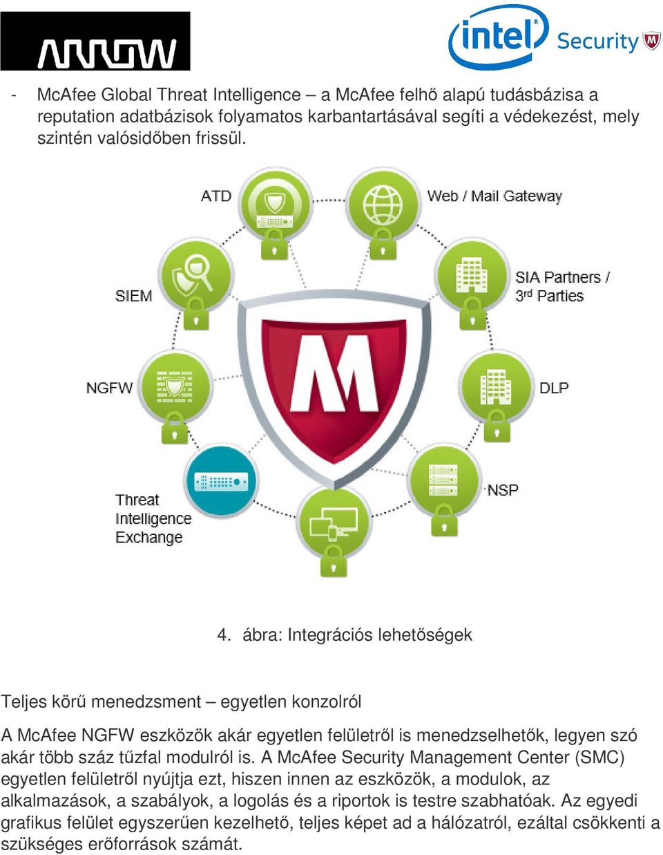 ábra: Integrációs lehetőségek Teljes körű menedzsment egyetlen konzolról A McAfee NGFW eszközök akár egyetlen felületről is menedzselhetők, legyen szó akár több száz