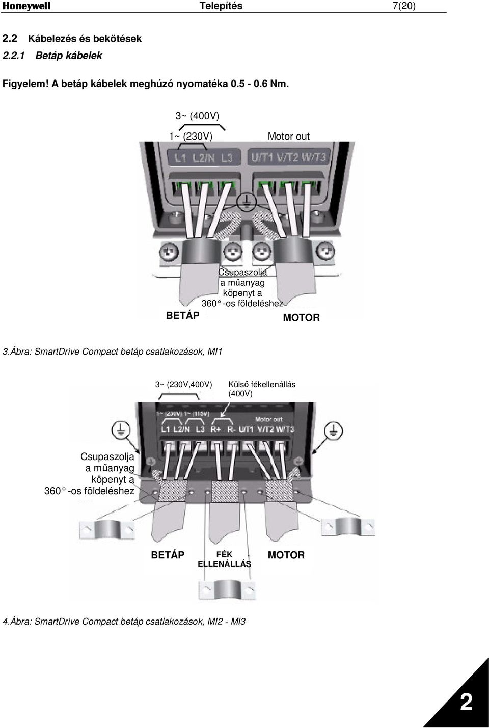 Ábra: SmartDrive Compact betáp csatlakozások, MI1 3~ (230V,400V) Küls fékellenállás (400V) Csupaszolja a