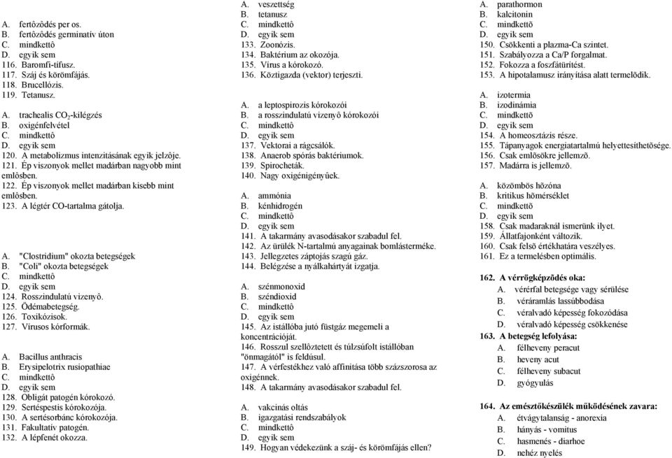 "Coli" okozta betegségek 124. Rosszindulatú vizenyô. 125. Ödémabetegség. 126. Toxikózisok. 127. Vírusos kórformák. A. Bacillus anthracis B. Erysipelotrix rusiopathiae 128. Obligát patogén kórokozó.