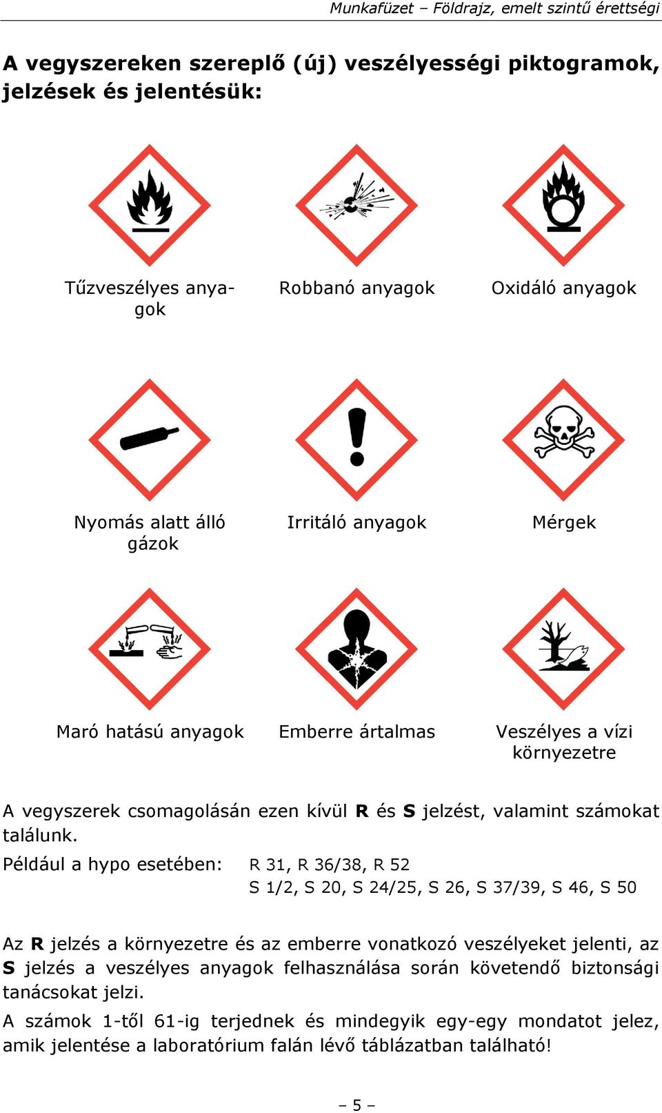 Például a hypo esetében: R 31, R 36/38, R 52 S 1/2, S 20, S 24/25, S 26, S 37/39, S 46, S 50 Az R jelzés a környezetre és az emberre vonatkozó veszélyeket jelenti, az S jelzés a