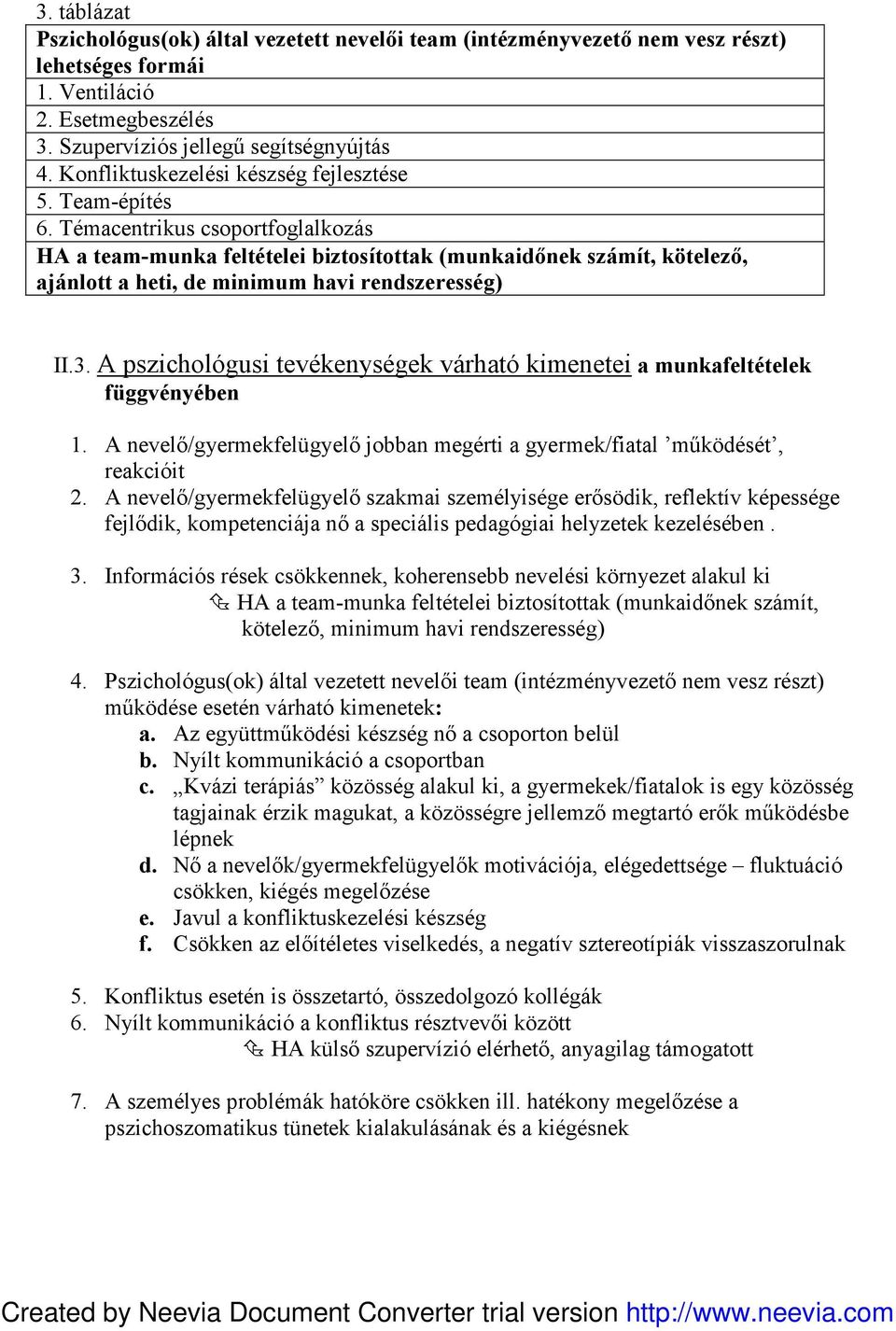 Témacentrikus csoportfoglalkozás HA a team-munka feltételei biztosítottak (munkaidőnek számít, kötelező, ajánlott a heti, de minimum havi rendszeresség) II.3.