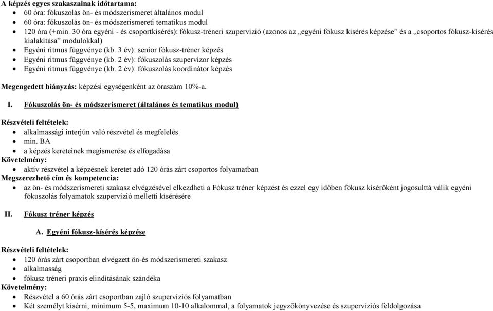 3 év): senior fókusz-tréner Egyéni ritmus függvénye (kb. 2 év): fókuszolás szupervízor Egyéni ritmus függvénye (kb. 2 év): fókuszolás koordinátor Megengedett hiányzás: i egységenként az óraszám 10%-a.