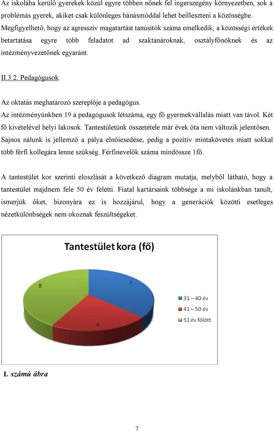 2. Pedagógusok Az oktatás meghatározó szereplője a pedagógus. Az intézményünkben 19 a pedagógusok létszáma, egy fő gyermekvállalás miatt van távol. Két fő kivételével helyi lakosok.