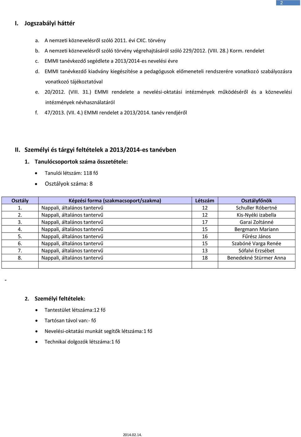 (VIII. 31.) EMMI rendelete a nevelési-oktatási intézmények működéséről és a köznevelési intézmények névhasználatáról f. 47/2013. (VII. 4.) EMMI rendelet a 2013/2014. tanév rendjéről II.