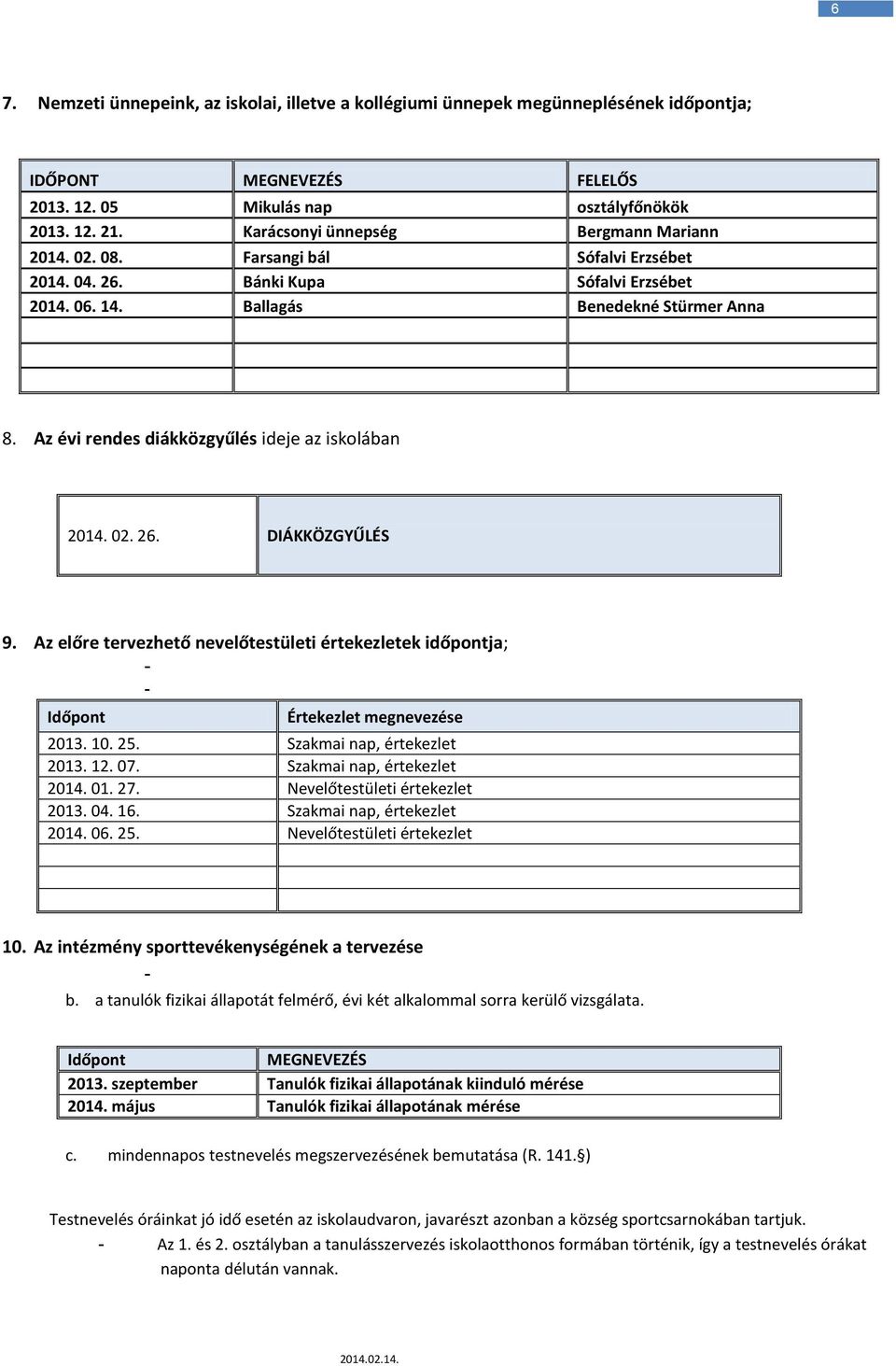 Az évi rendes diákközgyűlés ideje az iskolában 2014. 02. 26. DIÁKKÖZGYŰLÉS 9. Az előre tervezhető nevelőtestületi értekezletek időpontja; - - Időpont Értekezlet megnevezése 2013. 10. 25.