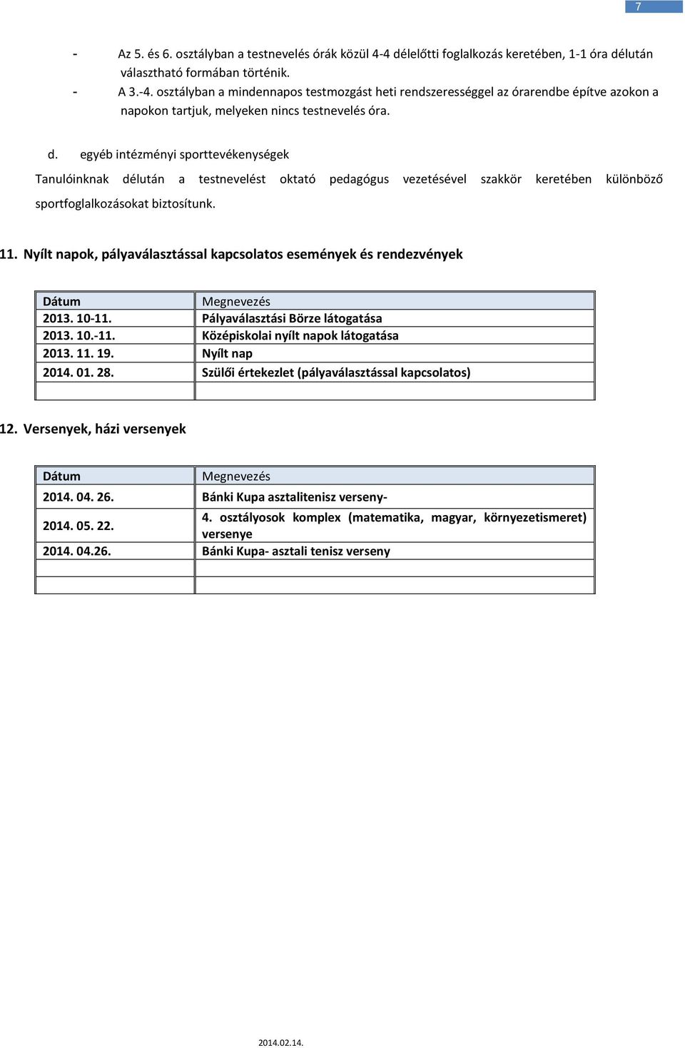 Nyílt napok, pályaválasztással kapcsolatos események és rendezvények Dátum Megnevezés 2013. 10-11. Pályaválasztási Börze látogatása 2013. 10.-11. Középiskolai nyílt napok látogatása 2013. 11. 19.