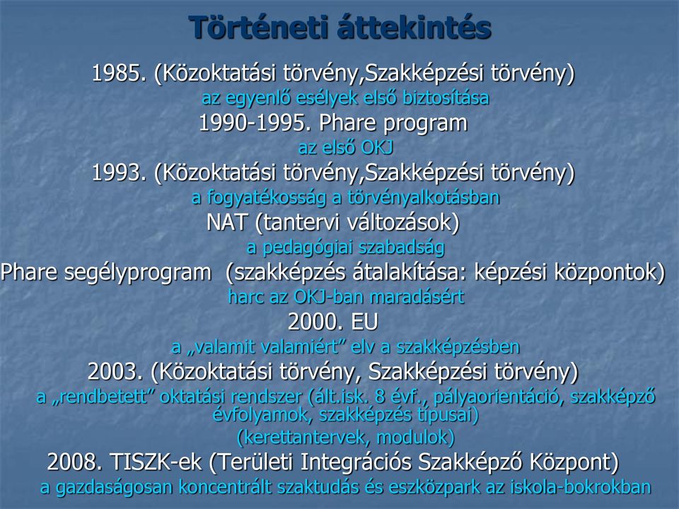 központok) harc az OKJ-ban maradásért 2000. EU a valamit valamiért elv a szakképzésben 2003. (Közoktatási törvény, Szakképzési törvény) a rendbetett oktatási rendszer (ált.isk.