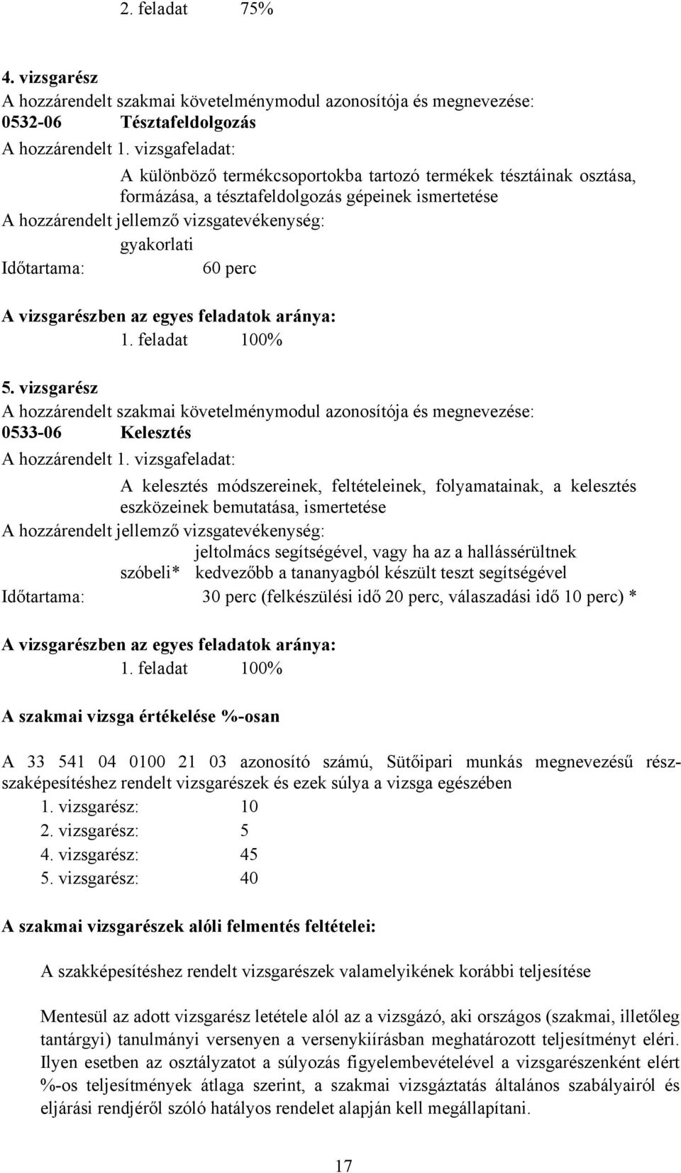 60 perc A vizsgarészben az egyes feladatok aránya: 1. feladat 100% 5. vizsgarész A hozzárendelt szakmai követelménymodul azonosítója és megnevezése: 0533-06 Kelesztés A hozzárendelt 1.