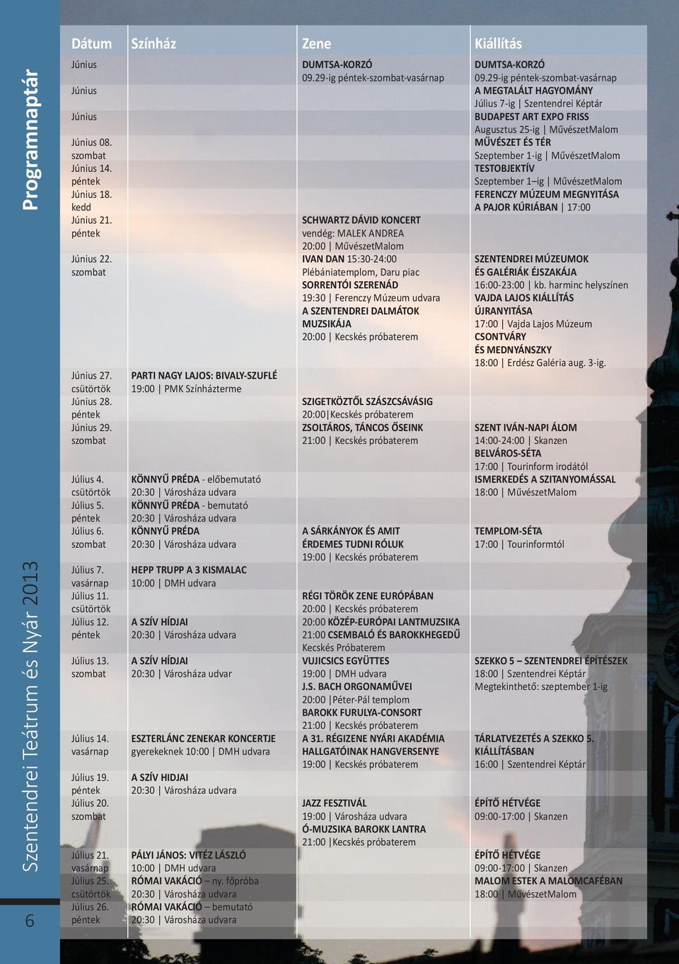 MŰVÉSZET ÉS TÉR szombat Szeptember 1-ig MűvészetMalom Június 14. TESTOBJEkTÍV péntek Szeptember 1 ig MűvészetMalom Június 18. FERENCZY MÚZEUM MEgNYITáSA kedd A PAJOR kúriában 17:00 Június 21.