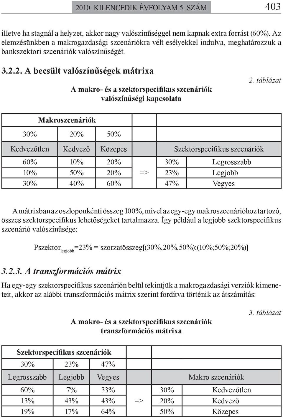 2. A becsült valószínűségek mátrixa A makro- és a szektorspecifikus szcenáriók valószínűségi kapcsolata 2.