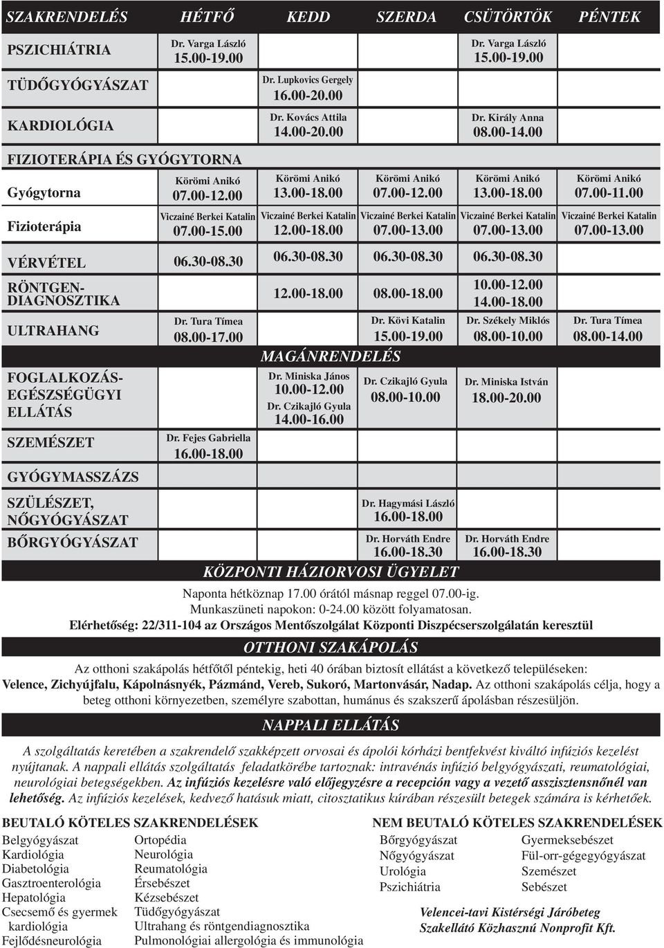 Körömi Anikó 07.00-2.00 Viczainé Berkei Katalin 07.00-.00 Körömi Anikó 3.00-8.00 Viczainé Berkei Katalin 2.00-8.00 06.30-08.30 06.30-08.30 Dr. Tura Tímea 08.00-7.00 Dr. Fejes Gabriella 6.00-8.00 MAGÁNRENDELÉS Dr.