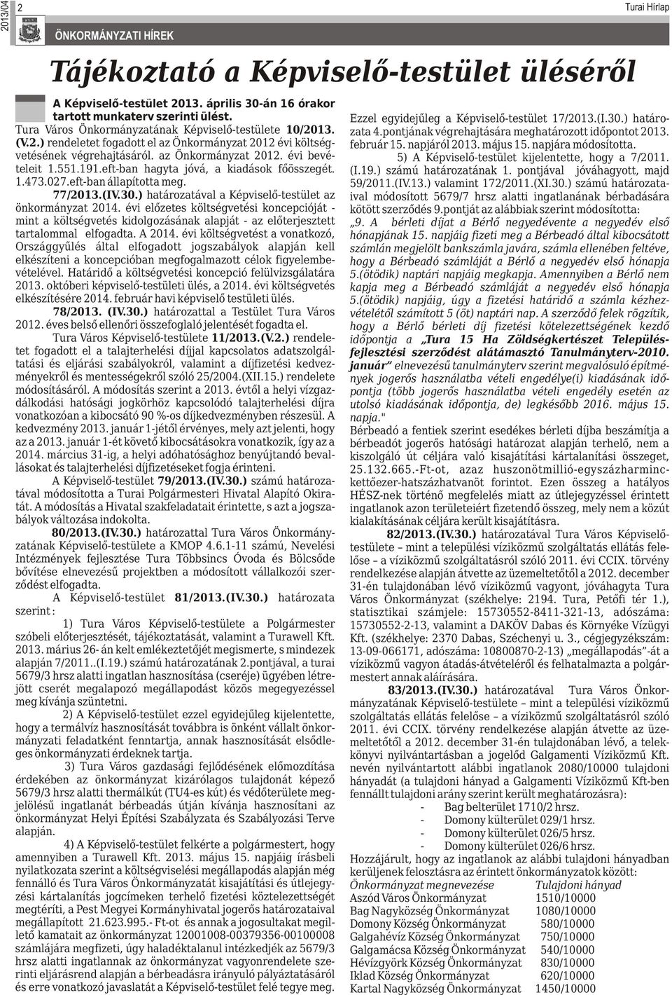 eft-ban hagyta jóvá, a kiadások főösszegét. 1.473.027.eft-ban állapította meg. 77/2013.(IV.30.) határozatával a Képviselő-testület az önkormányzat 2014.