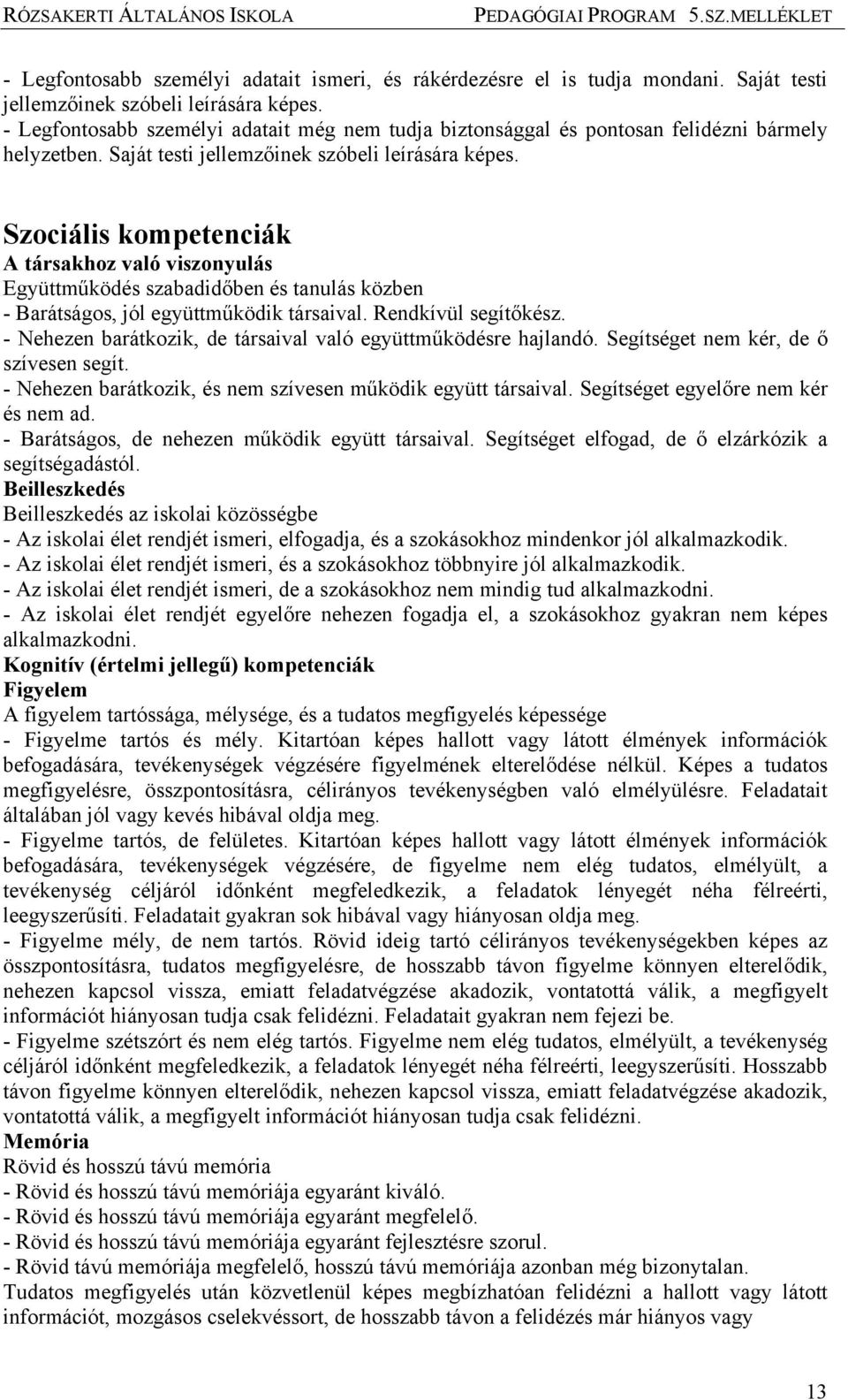 Szociális kompetenciák A társakhoz való viszonyulás Együttműködés szabadidőben és tanulás közben - Barátságos, jól együttműködik társaival. Rendkívül segítőkész.