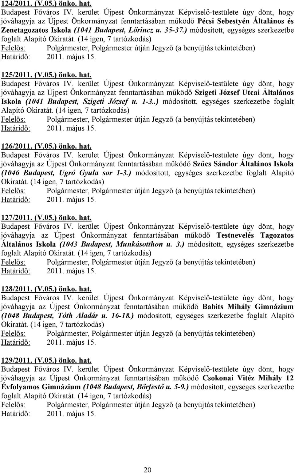 jóváhagyja az Újpest Önkormányzat fenntartásában működő Szigeti József Utcai Általános Iskola (1041 Budapest, Szigeti József u. 1-3..) módosított, egységes szerkezetbe foglalt Alapító Okiratát.