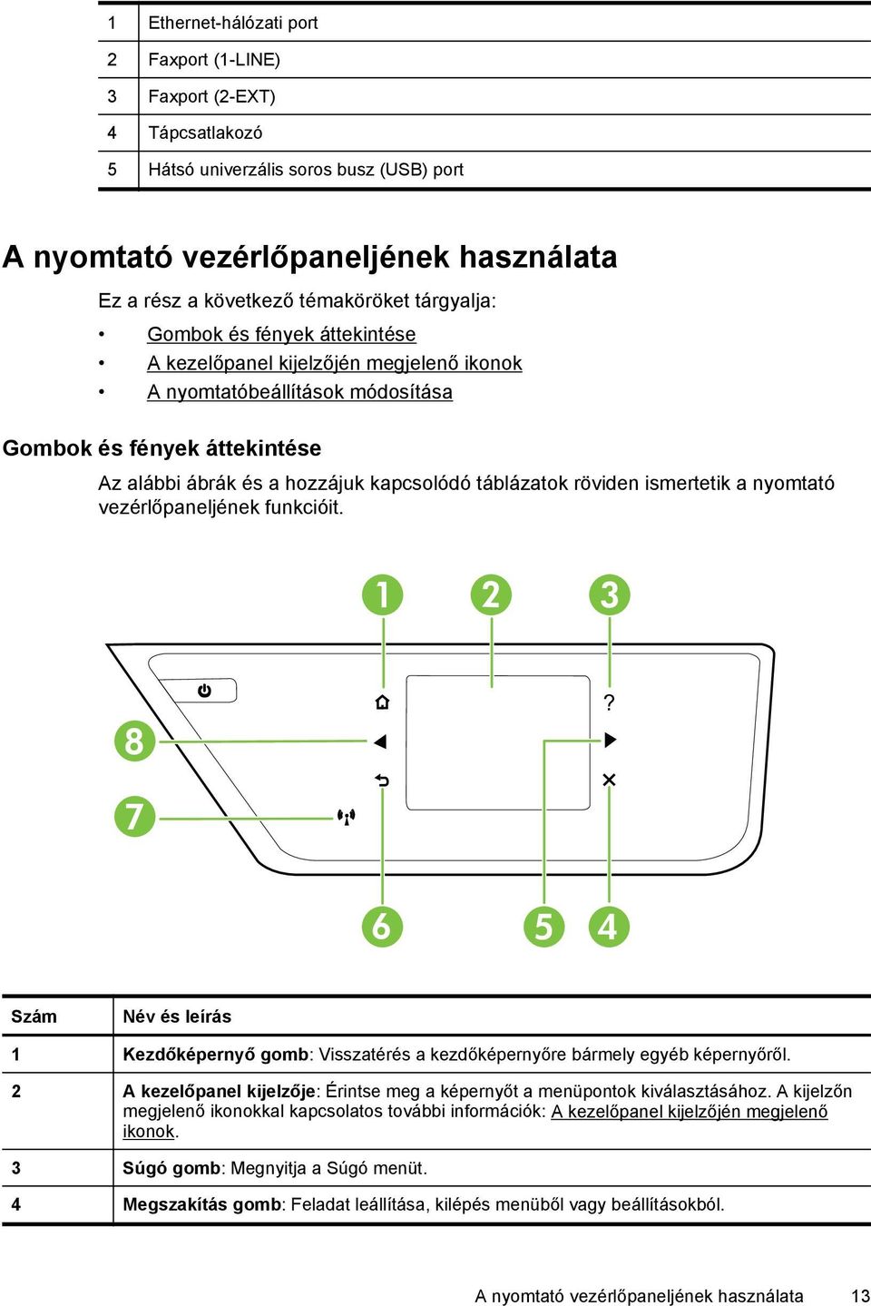 röviden ismertetik a nyomtató vezérlőpaneljének funkcióit. 1 2 3 8? 7 6 5 4 Szám Név és leírás 1 Kezdőképernyő gomb: Visszatérés a kezdőképernyőre bármely egyéb képernyőről.