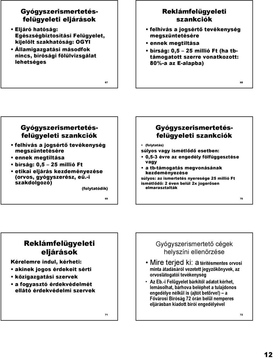 Gyógyszerismertetésfelügyeleti szankciók felhívás a jogsért* tevékenység megszüntetésére ennek megtiltása bírság: 0,5 25 millió Ft etikai eljárás kezdeményezése (orvos, gyógyszerész, eü.