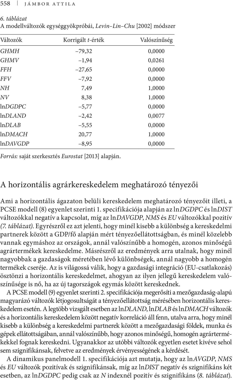 8,38 1,0000 lndgdpc 5,77 0,0000 lndland 2,42 0,0077 lndlab 5,55 0,0000 lndmach 20,77 1,0000 lndavgdp 8,95 0,0000 Forrás: saját szerkesztés Eurostat [2013] alapján.