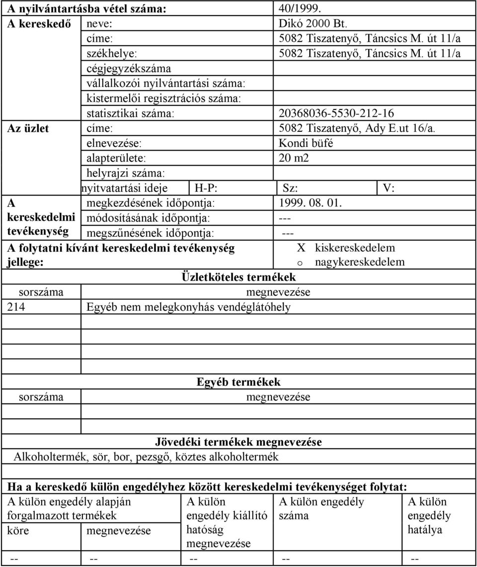 Kondi büfé 20 m2 helyrajzi : nyitvatartási ideje H-P: Sz: V: megkezdésének időpontja: 1999. 08. 01.