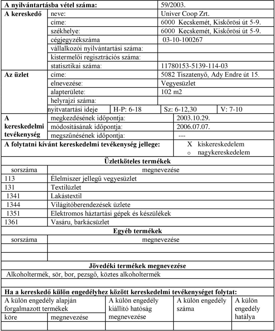 Vegyesüzlet 102 m2 helyrajzi : nyitvatartási ideje H-P: 6-18 Sz: 6-12,30 V: 7-10 megkezdésének időpontja: 2003.10.29. módosításának időpontja: 2006.07.