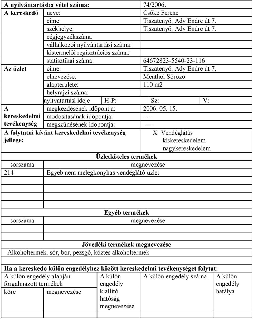 Menthol Söröző 110 m2 helyrajzi : nyitvatartási ideje H-P: Sz: V: megkezdésének időpontja: 2006. 05. 15.