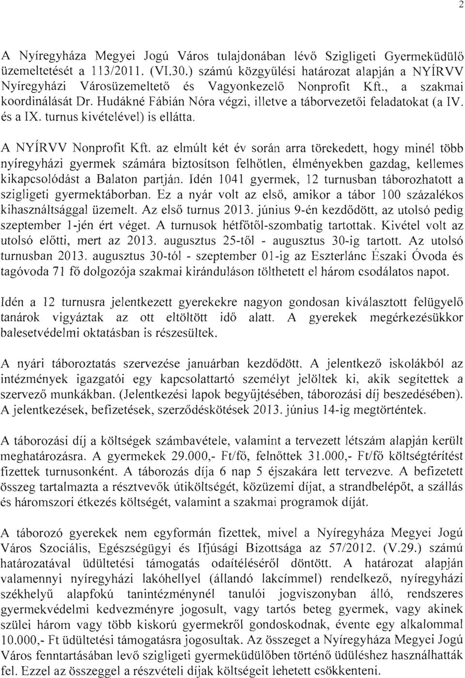 Hudákné Fábián Nóra végzi, illetve a táborvezetői feladatokat (a IV. és a IX. turnus kivételével) is ellátta. A NYÍRVV Nonprofit Kft.