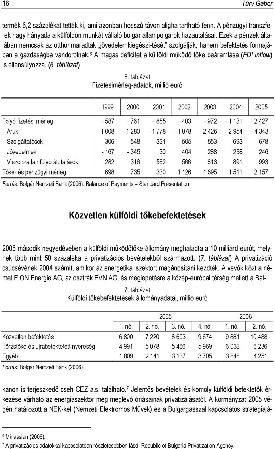 6 A magas deficitet a külföldi működő tőke beáramlása (FDI inflow) is ellensúlyozza. (6. táblázat) 6.