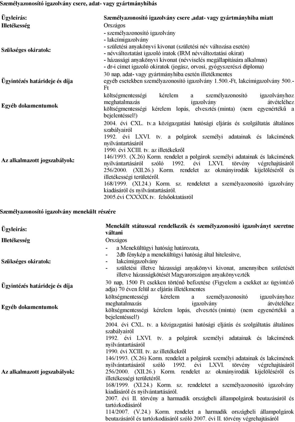 gyógyszerészi diploma) 30 nap, adat- vagy gyártmányhiba esetén illetékmentes egyéb esetekben személyazonosító igazolvány 1.500.-Ft, lakcímigazolvány 500.- Ft kiadásáról és. 2005.évi CXXXIX.tv.