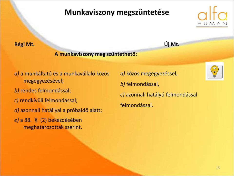 rendkívüli felmondással; d) azonnali hatállyal a próbaidő alatt; e) a 88.