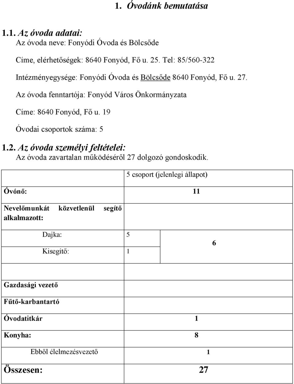 Az óvoda fenntartója: Fonyód Város Önkormányzata Címe: 8640 Fonyód, Fő u. 19 Óvodai csoportok száma: 5 1.2.