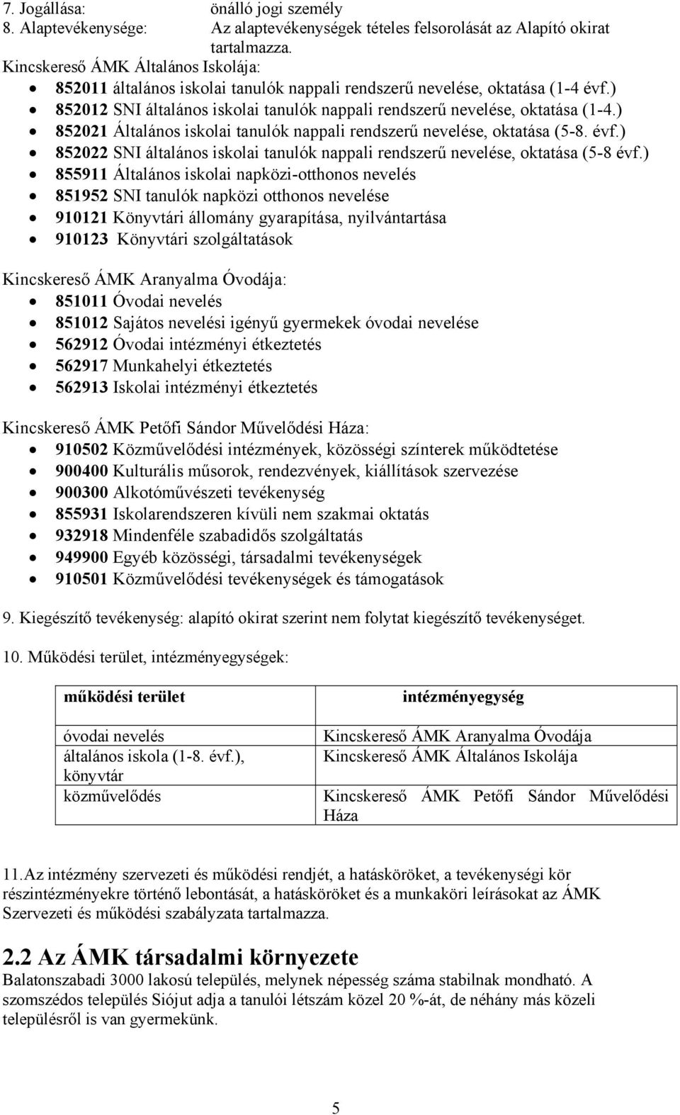 ) 852021 Általános iskolai tanulók nappali rendszerű nevelése, oktatása (5-8. évf.) 852022 SNI általános iskolai tanulók nappali rendszerű nevelése, oktatása (5-8 évf.