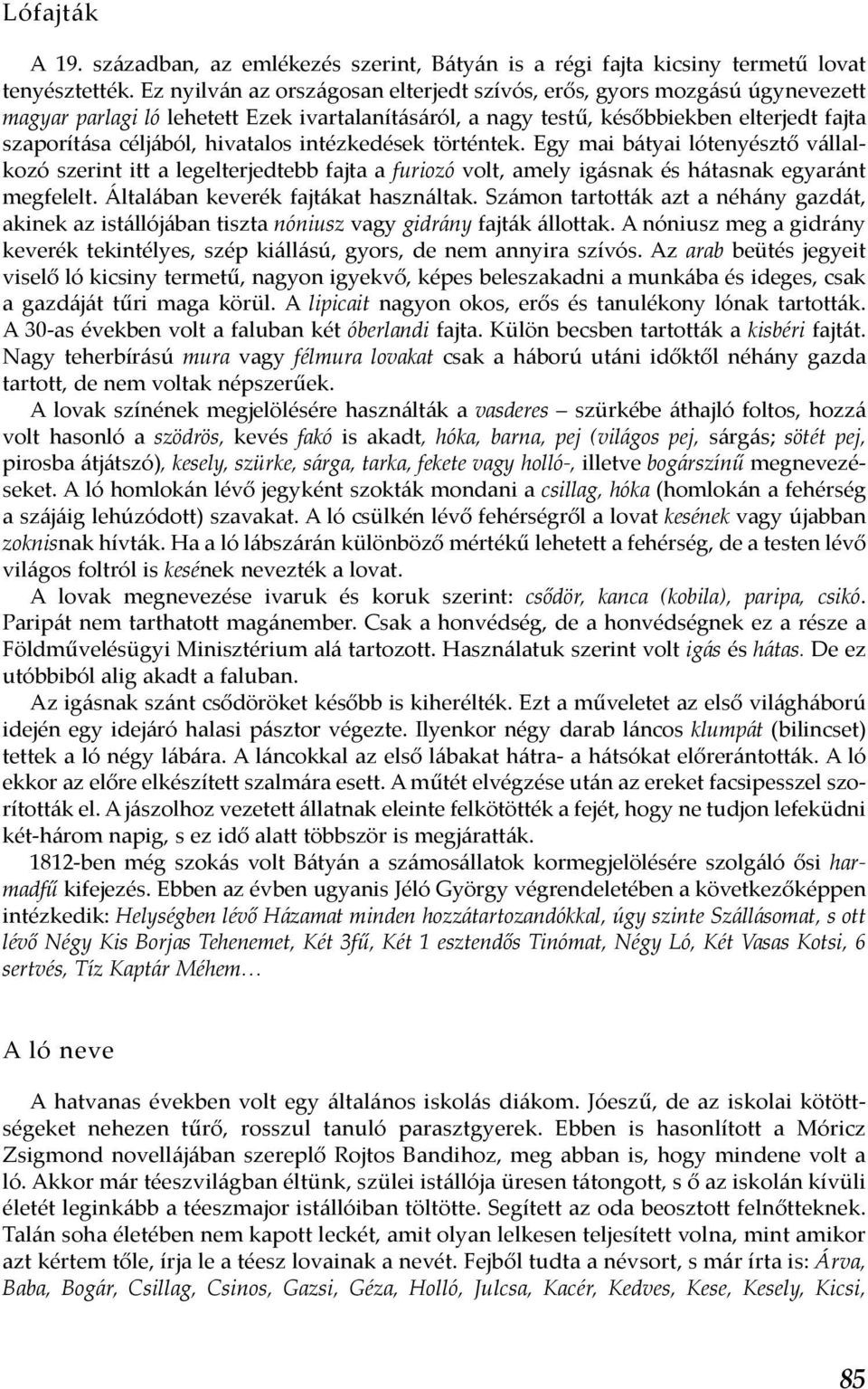 hivatalos intézkedések történtek. Egy mai bátyai lótenyésztő vállalkozó szerint itt a legelterjedtebb fajta a furiozó volt, amely igásnak és hátasnak egyaránt megfelelt.