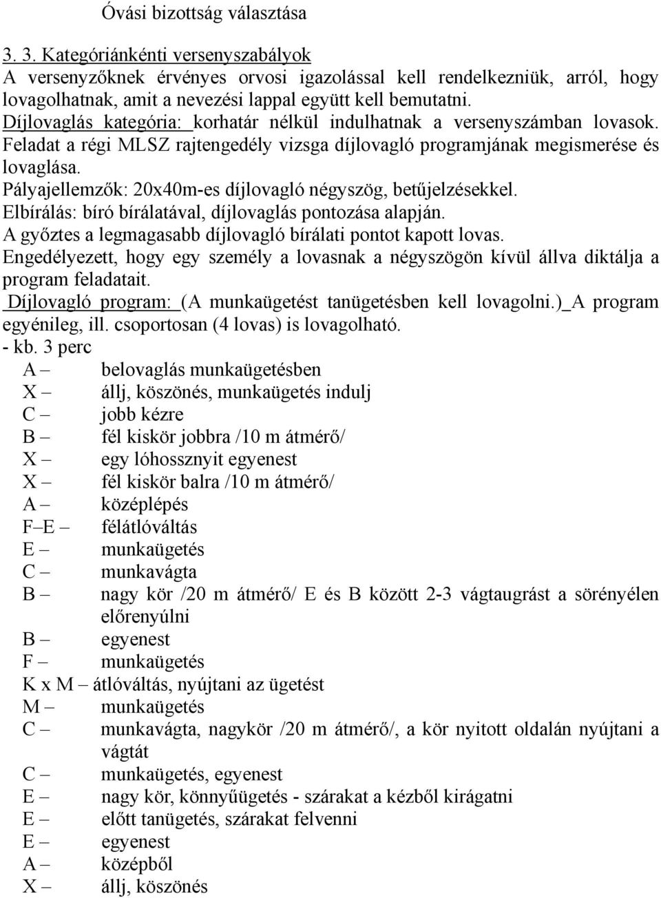 Pályajellemzők: 20x40m-es díjlovagló négyszög, betűjelzésekkel. Elbírálás: bíró bírálatával, díjlovaglás pontozása alapján. A győztes a legmagasabb díjlovagló bírálati pontot kapott lovas.