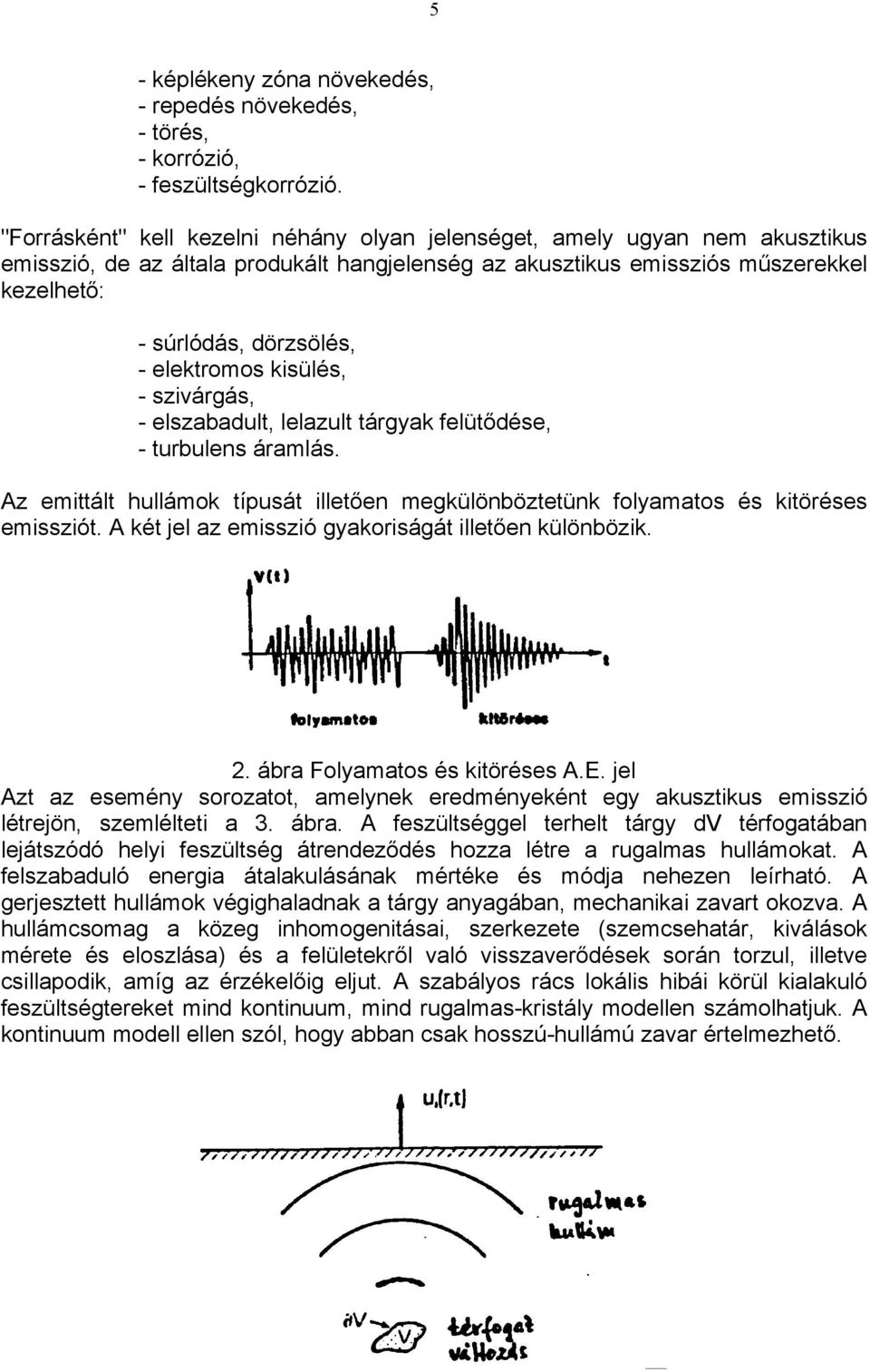 elektromos kisülés, - szivárgás, - elszabadult, lelazult tárgyak felütődése, - turbulens áramlás. Az emittált hullámok típusát illetően megkülönböztetünk folyamatos és kitöréses emissziót.