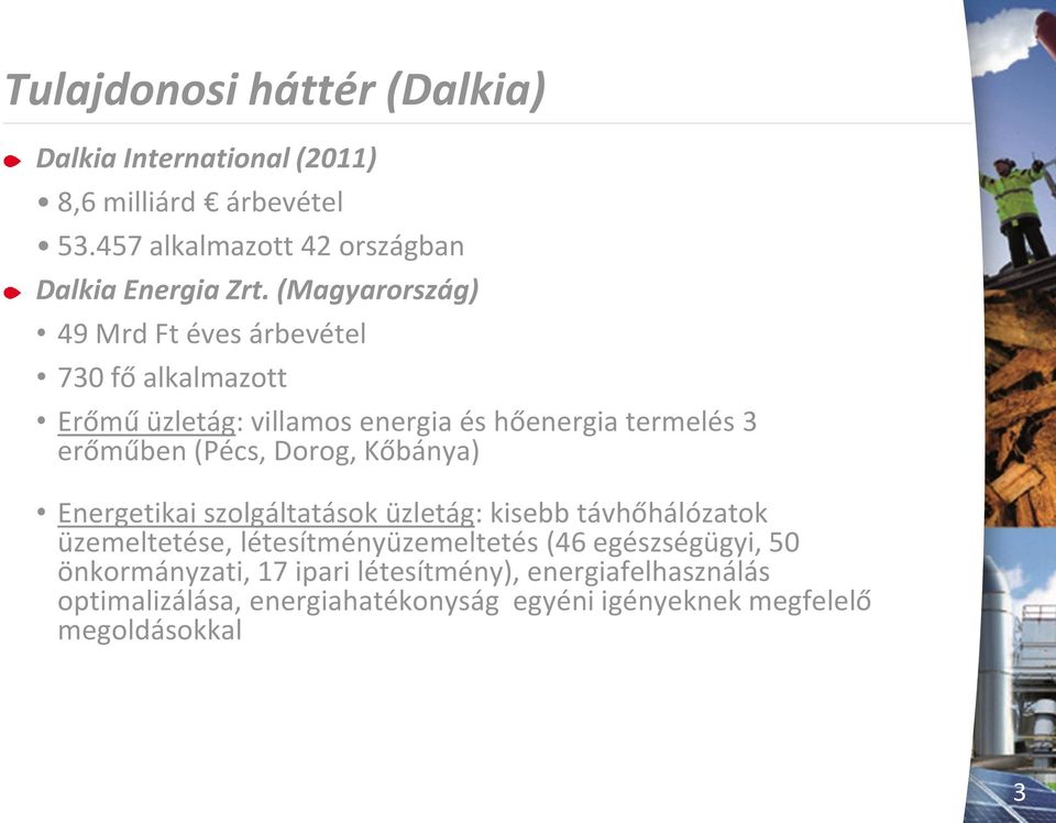 Dorog, Kőbánya) Energetikai szolgáltatások üzletág: kisebb távhőhálózatok üzemeltetése, létesítményüzemeltetés (46 egészségügyi, 50