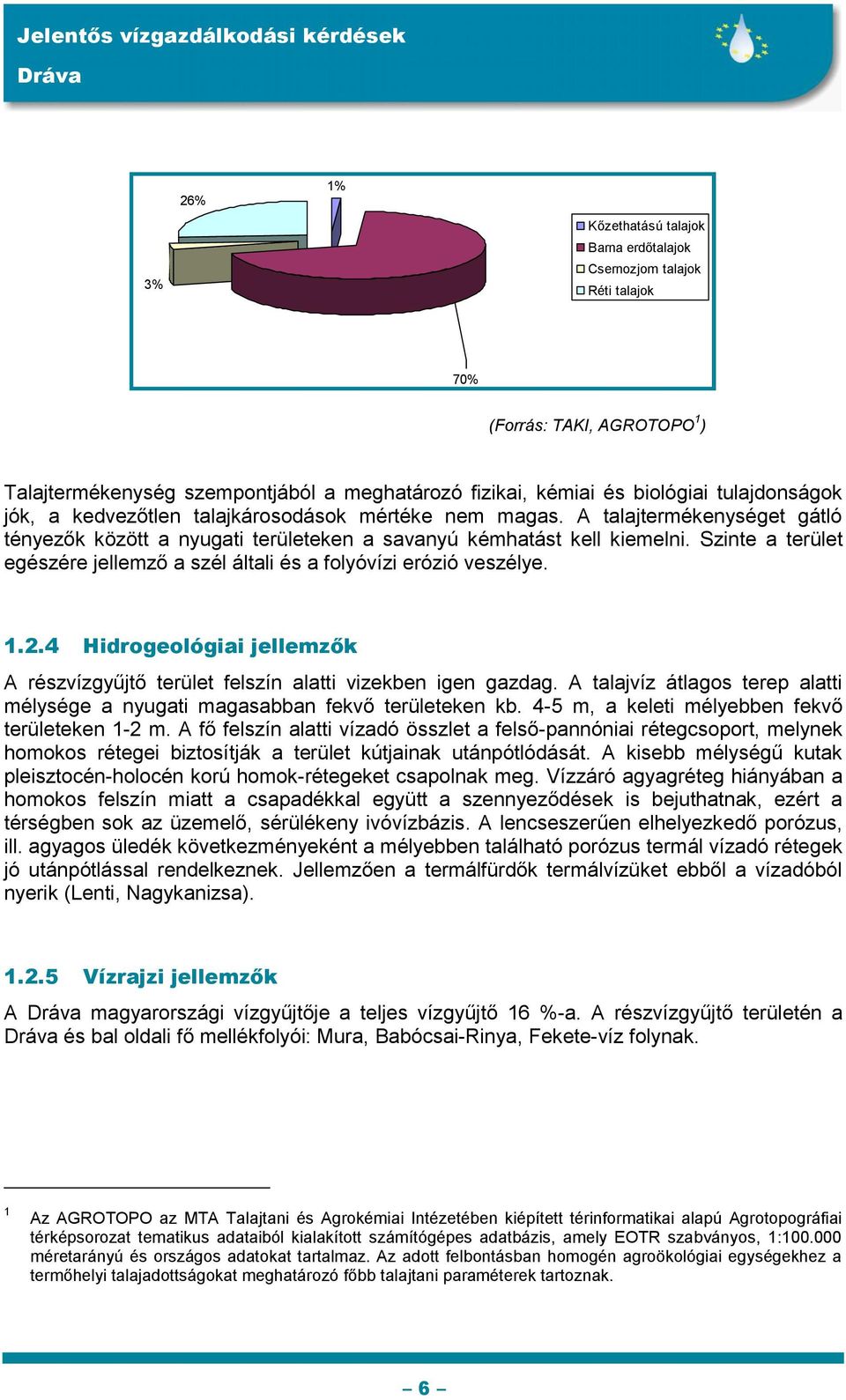 Szinte a terület egészére jellemző a szél általi és a folyóvízi erózió veszélye. 1.2.4 Hidrogeológiai jellemzők A részvízgyűjtő terület felszín alatti vizekben igen gazdag.