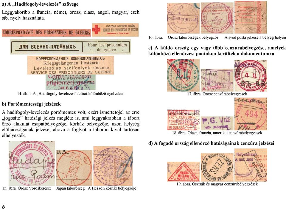 A Hadifogoly-levelezés felirat különböző nyelveken b) Portómentességi jelzések A hadifogoly-levelezés portómentes volt, ezért ismertetőjel az erre jogosító hatósági jelzés megléte is, ami