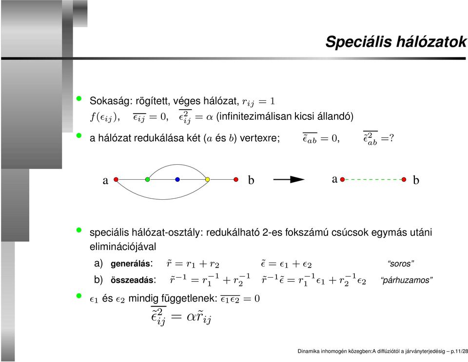 a b a b speciális hálózat-osztály: redukálható 2-es fokszámú csúcsok egymás utáni eliminációjával a) generálás: r = r 1 + r 2 ǫ = ǫ 1