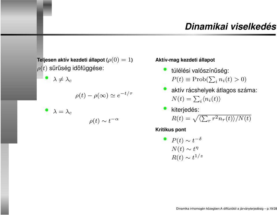 aktív rácshelyek átlagos száma: N(t) = P i n i(t) kiterjedés: R(t) = p P r r2 n r (t) /N(t) Kritikus