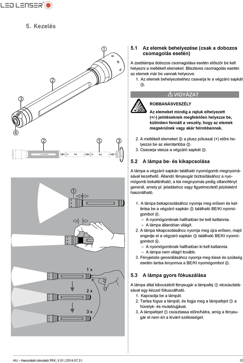 3 Vigyázat Robbanásveszély 4 2 5 + AA - AA LED LENSER * P6X X + - 3 Az elemeket mindig a rajtuk elhelyezett (+/-) jelöléseknek megfelelően helyezze be, különben fennáll a veszély, hogy az elemek