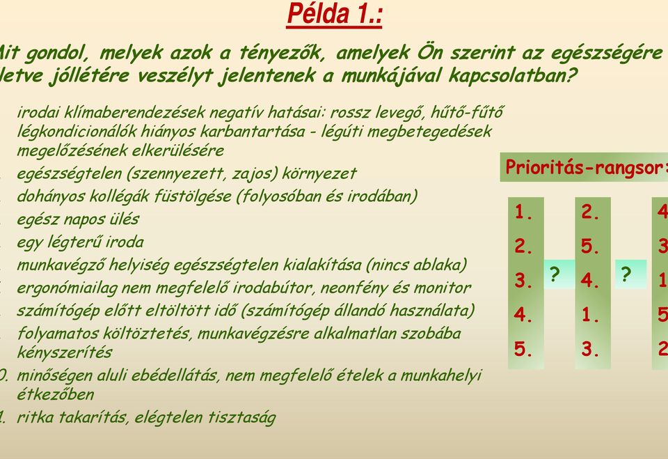 környezet dohányos kollégák füstölgése (folyosóban és irodában) egész napos ülés egy légterő iroda munkavégzı helyiség egészségtelen kialakítása (nincs ablaka) ergonómiailag nem megfelelı irodabútor,