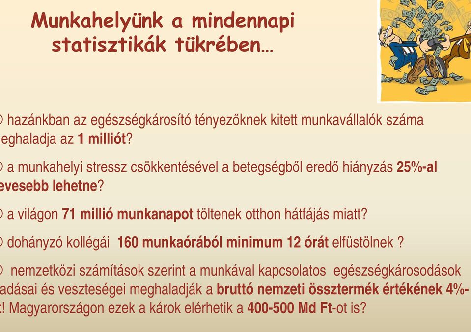 a világon 71 millió munkanapot töltenek otthon hátfájás miatt? dohányzó kollégái 160 munkaórából minimum 12 órát elfüstölnek?