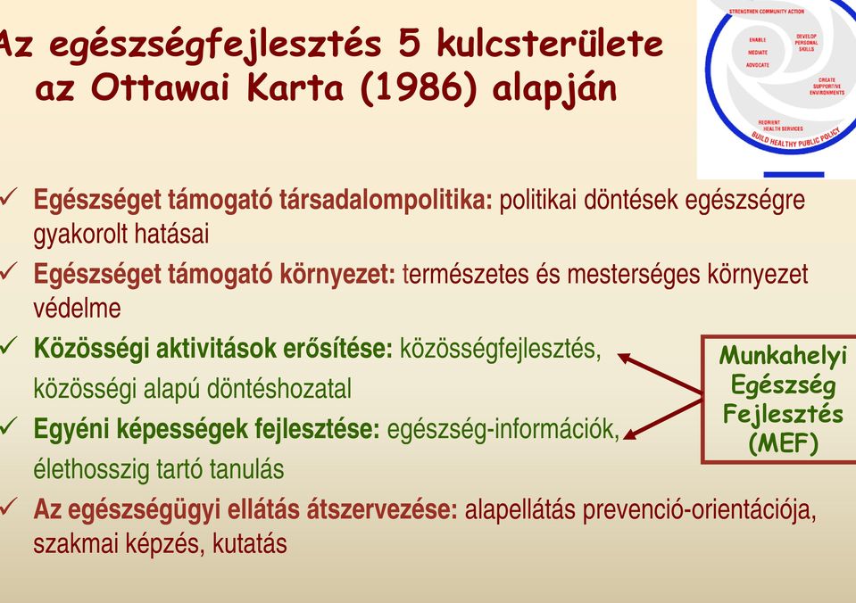 erısítése: közösségfejlesztés, közösségi alapú döntéshozatal Egyéni képességek fejlesztése: egészség-információk, élethosszig tartó