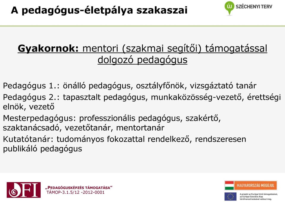 : tapasztalt pedagógus, munkaközösség-vezető, érettségi elnök, vezető Mesterpedagógus: professzionális