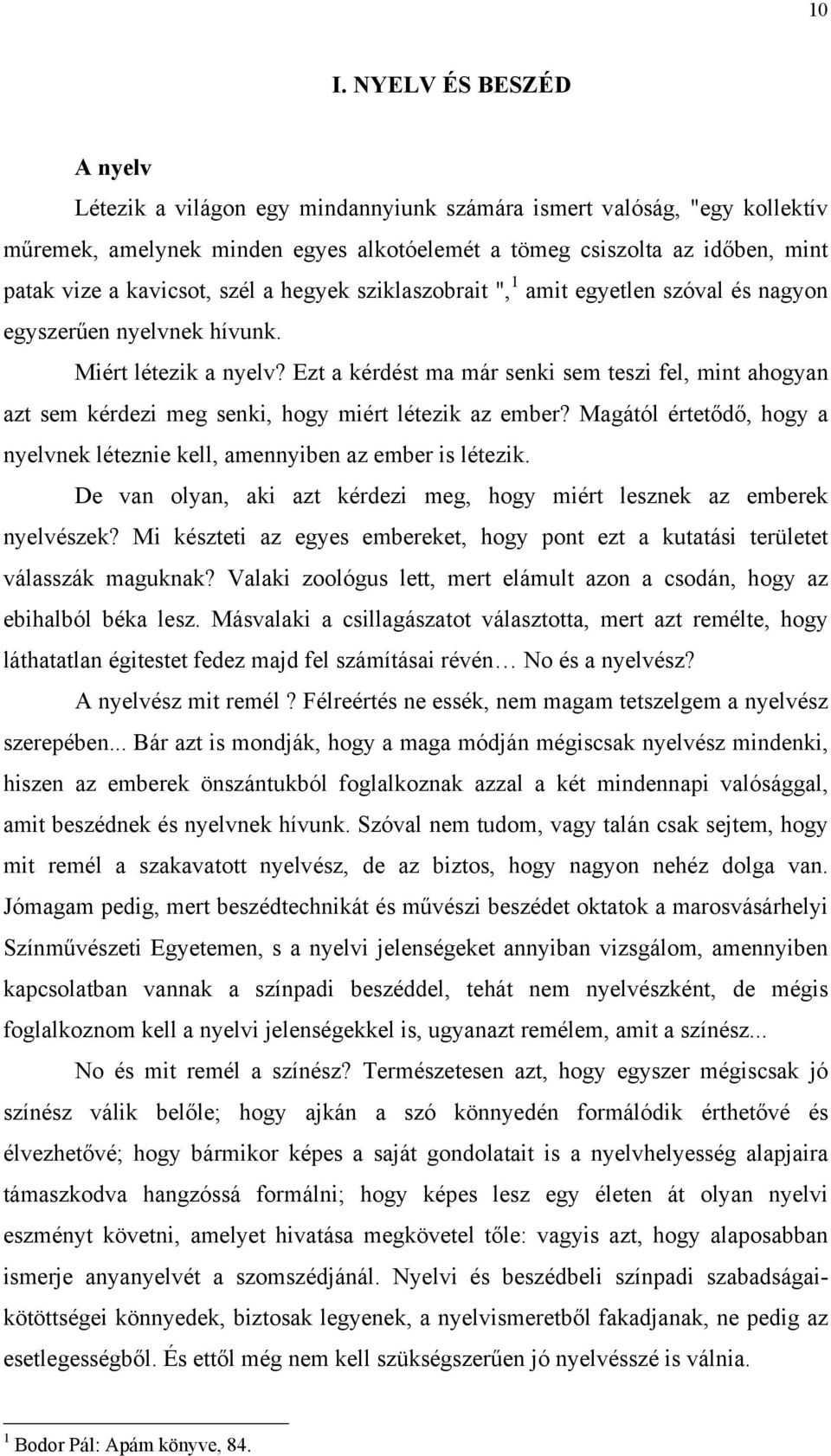 Ezt a kérdést ma már senki sem teszi fel, mint ahogyan azt sem kérdezi meg senki, hogy miért létezik az ember? Magától értetődő, hogy a nyelvnek léteznie kell, amennyiben az ember is létezik.