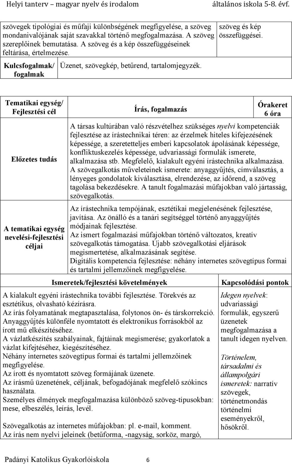 Írás, fogalmazás 6 óra A társas kultúrában való részvételhez szükséges nyelvi kompetenciák fejlesztése az írástechnikai téren: az érzelmek hiteles kifejezésének képessége, a szeretetteljes emberi