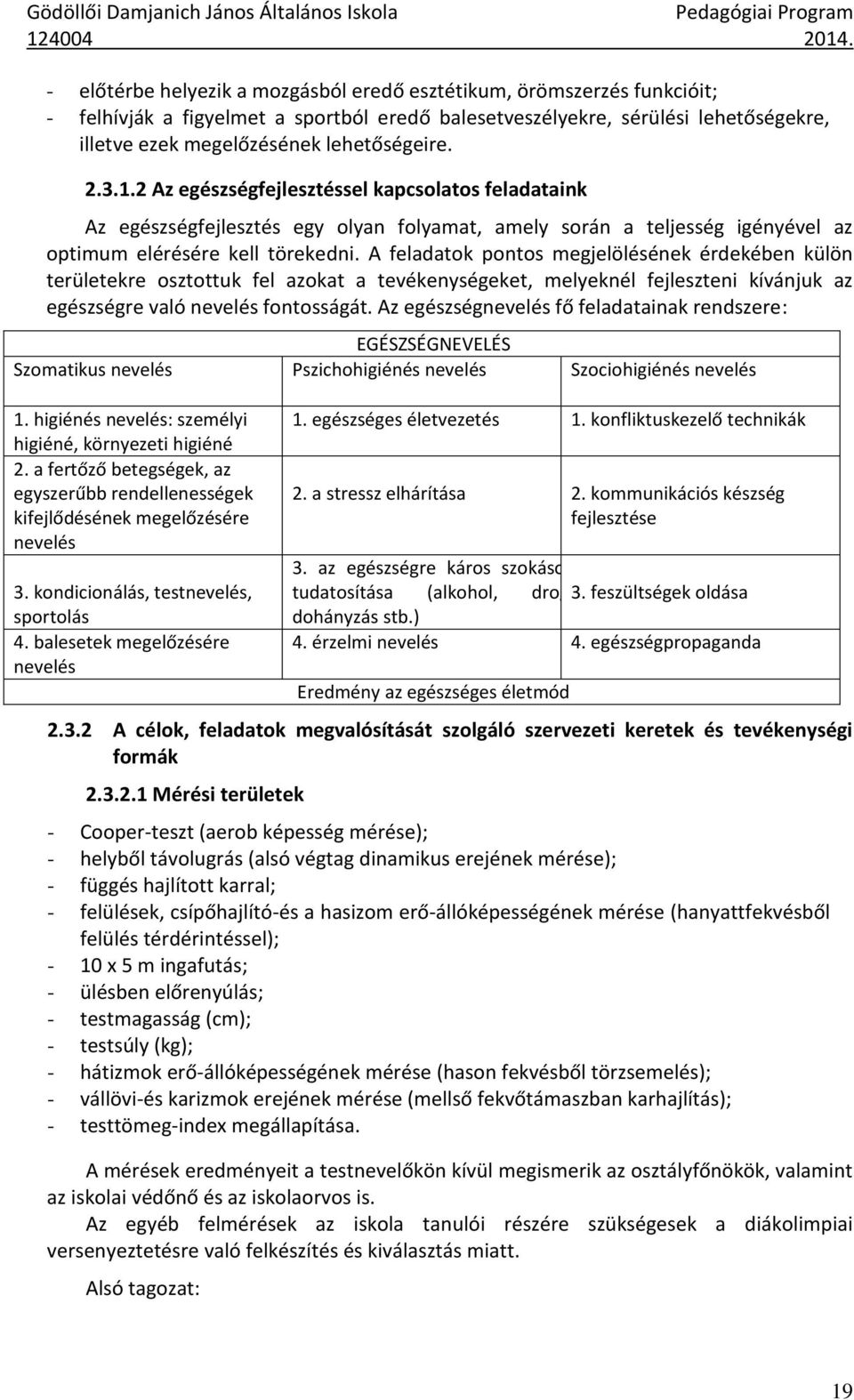 A feladatok pontos megjelölésének érdekében külön területekre osztottuk fel azokat a tevékenységeket, melyeknél fejleszteni kívánjuk az egészségre való nevelés fontosságát.