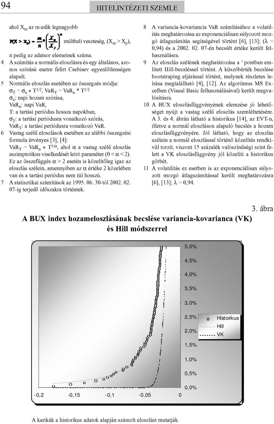 5 Normális eloszlás esetében az összegzés módja: σ T = σ n * T 1/2, VaR T = VaR n * T 1/2 σ n : napi hozam szórása, VaR n : napi VaR, T: a tartási periódus hossza napokban, σ T : a tartási periódusra